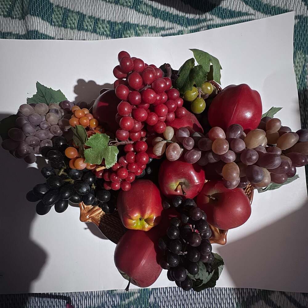 Artificial Fruit Arrangement with Grapes and Apples in Decorative Ceramic Bowl